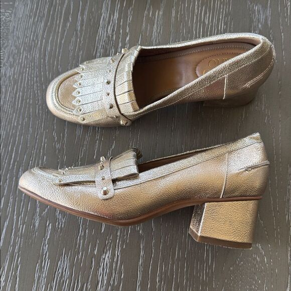 Franco Sarto Gold Block Heel Loafers Fringe Studs Embellished Shoes Size 6.5 EUC - Picture 1 of 12